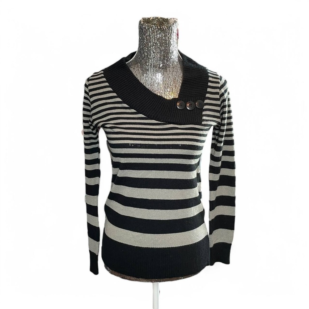 Vintage Black Gray Striped Knit Goth Pullover Sweater Medium Minimalist Academia